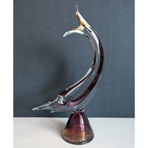 Vintage Retro Large Glass Red & Clear Glass Leaping Fish Sculpture 12.5" Tall